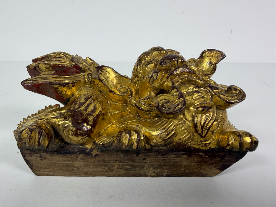 Just Added = Antique Chinese Carved Giltwood Guardian Lion Foo Dog 5W X 2.5D X 3H [Photo 4]