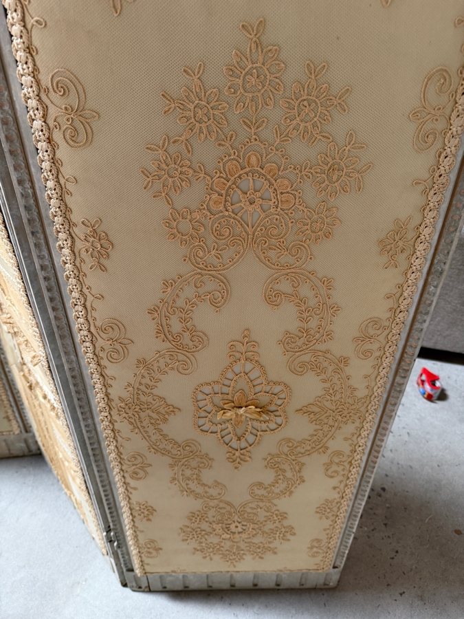 Just Added - Rare Antique 3-Panel French Wooden Screen with Russian Wedding Textiles Lace Corsetry 54W X 68H [Photo 8]
