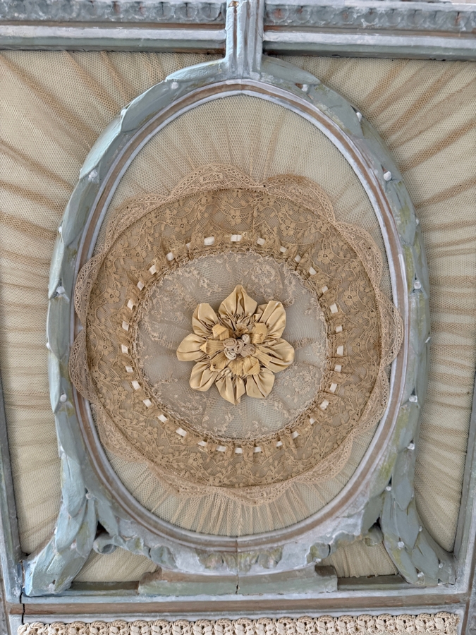 Just Added - Rare Antique 3-Panel French Wooden Screen with Russian Wedding Textiles Lace Corsetry 54W X 68H [Photo 7]