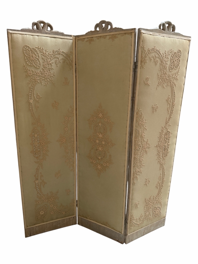 Just Added - Rare Antique 3-Panel French Wooden Screen with Russian Wedding Textiles Lace Corsetry 54W X 68H [Photo 2]