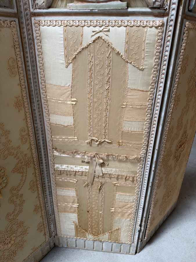 Just Added - Rare Antique 3-Panel French Wooden Screen with Russian Wedding Textiles Lace Corsetry 54W X 68H [Photo 4]
