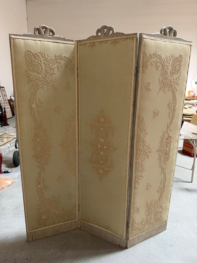 Just Added - Rare Antique 3-Panel French Wooden Screen with Russian Wedding Textiles Lace Corsetry 54W X 68H [Photo 9]
