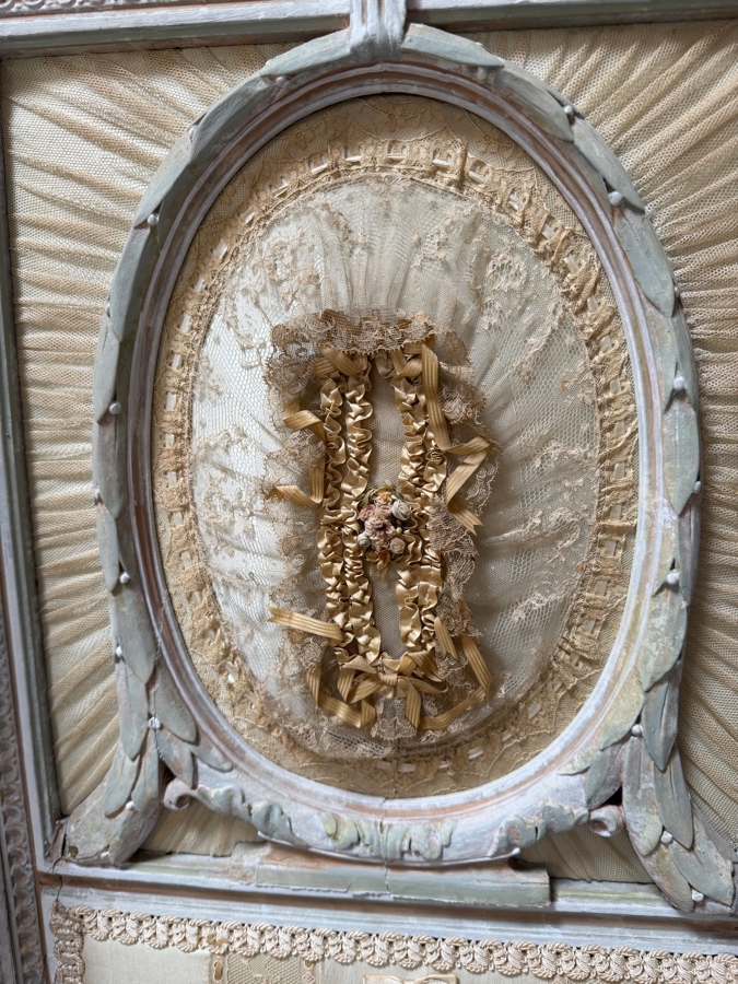 Just Added - Rare Antique 3-Panel French Wooden Screen with Russian Wedding Textiles Lace Corsetry 54W X 68H [Photo 3]