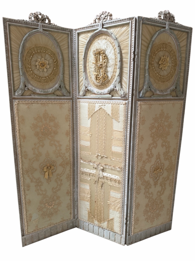 Just Added - Rare Antique 3-Panel French Wooden Screen with Russian Wedding Textiles Lace Corsetry 54W X 68H