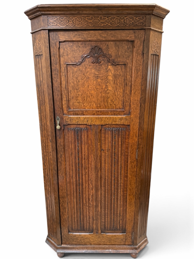 Just Added - Stunning Antique Carved English Tiger Oak Hall Wardrobe Armoire with Interior Mirror 35W X 16D X 73H
