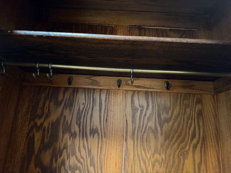 Just Added - Stunning Antique Carved English Tiger Oak Hall Wardrobe Armoire with Interior Mirror 35W X 16D X 73H [Photo 7]