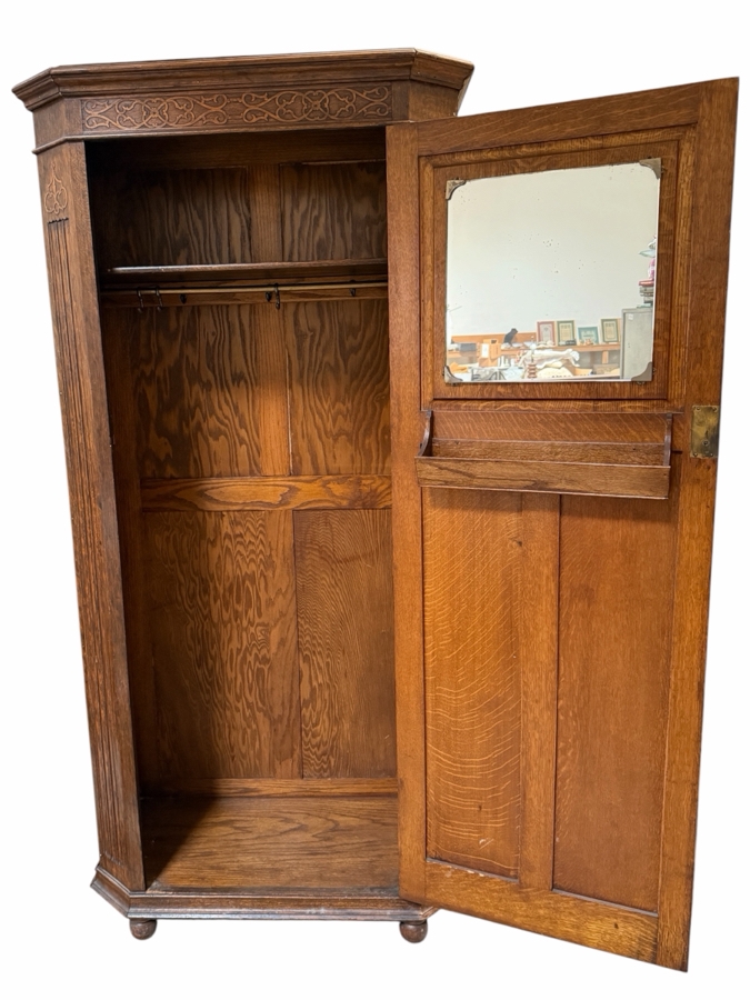 Just Added - Stunning Antique Carved English Tiger Oak Hall Wardrobe Armoire with Interior Mirror 35W X 16D X 73H [Photo 2]