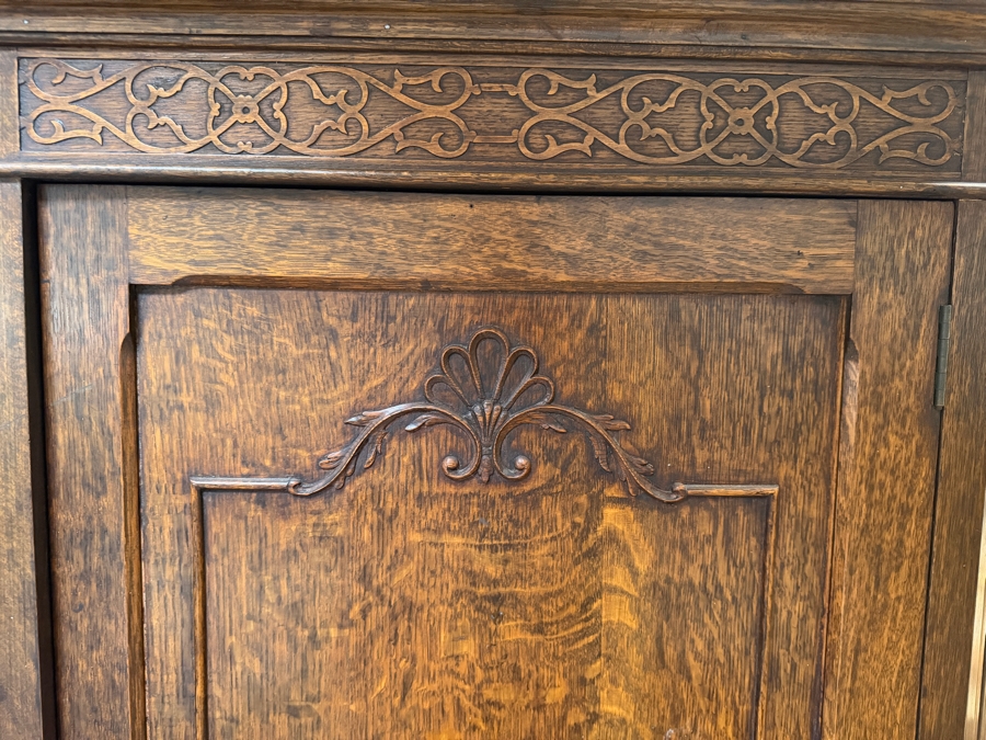Just Added - Stunning Antique Carved English Tiger Oak Hall Wardrobe Armoire with Interior Mirror 35W X 16D X 73H [Photo 3]