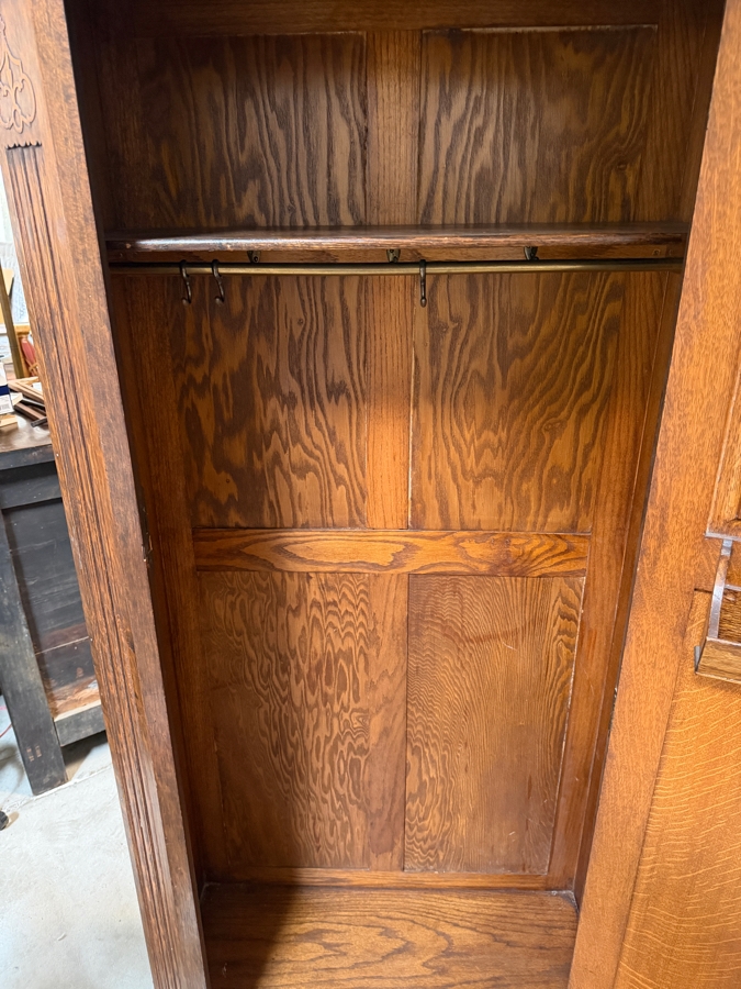 Just Added - Stunning Antique Carved English Tiger Oak Hall Wardrobe Armoire with Interior Mirror 35W X 16D X 73H [Photo 6]