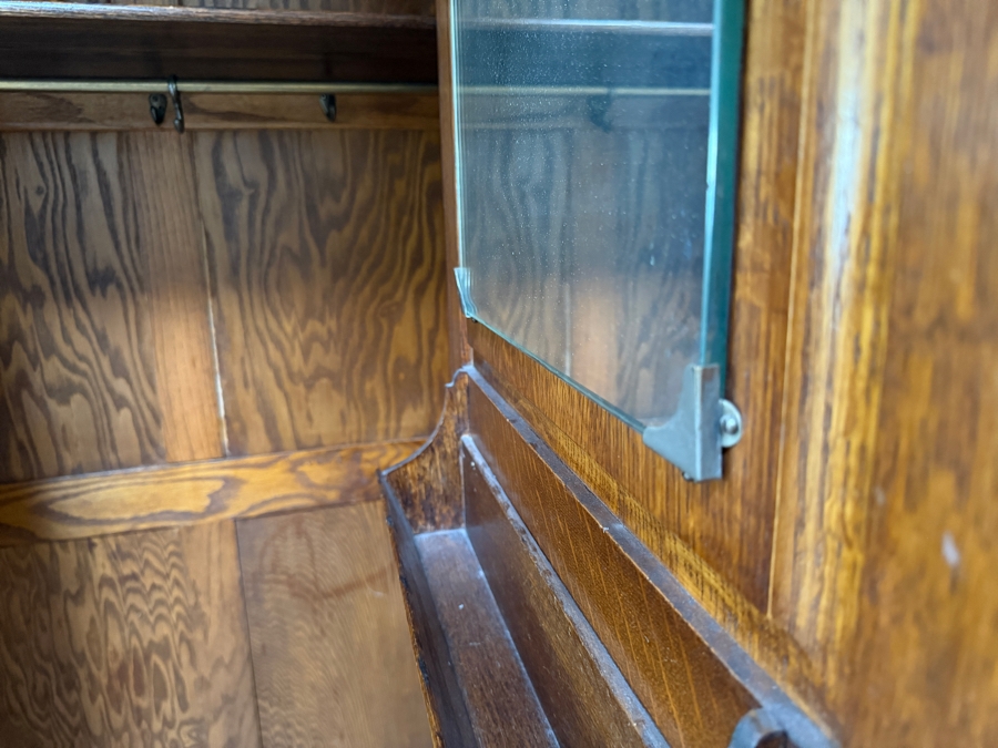 Just Added - Stunning Antique Carved English Tiger Oak Hall Wardrobe Armoire with Interior Mirror 35W X 16D X 73H [Photo 11]