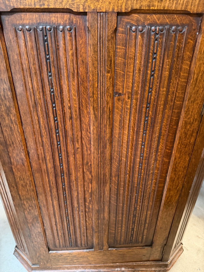 Just Added - Stunning Antique Carved English Tiger Oak Hall Wardrobe Armoire with Interior Mirror 35W X 16D X 73H [Photo 13]