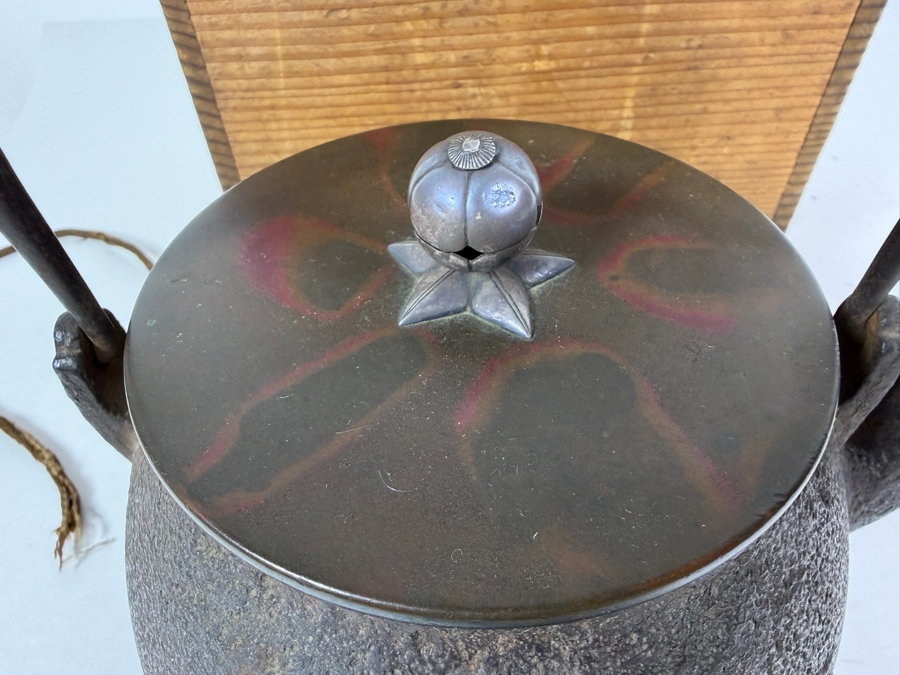 Just Added - Stunning Antique Japanese Handmade Cast Iron Kettle Tetsubin with it's Original Wooden Storage Box Kiribako Signed Box and Signed Kettle with Sterling Silver Accents 6.5W X 8H - See Photos [Photo 13]