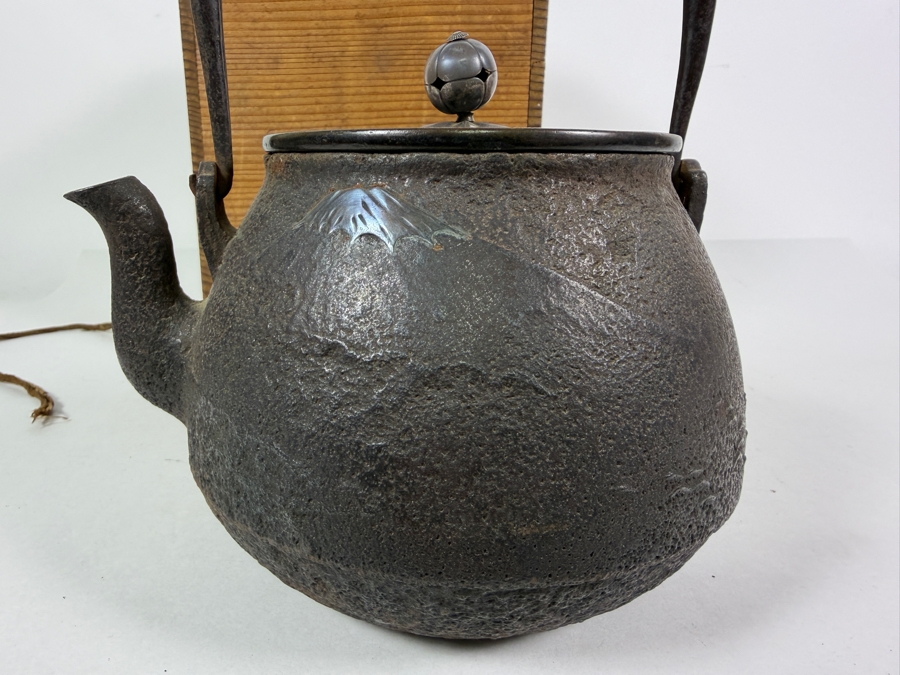 Just Added - Stunning Antique Japanese Handmade Cast Iron Kettle Tetsubin with it's Original Wooden Storage Box Kiribako Signed Box and Signed Kettle with Sterling Silver Accents 6.5W X 8H - See Photos [Photo 32]