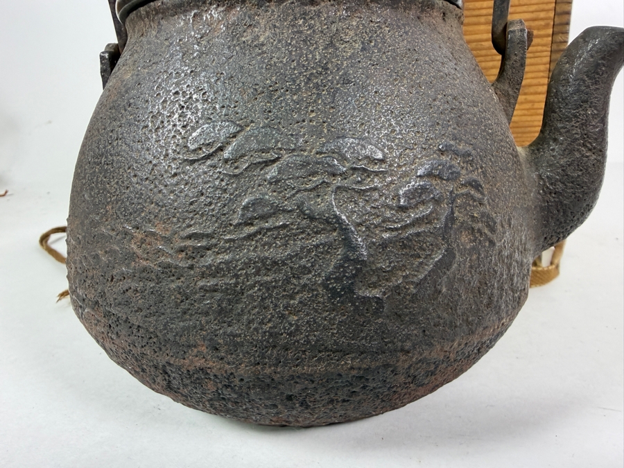 Just Added - Stunning Antique Japanese Handmade Cast Iron Kettle Tetsubin with it's Original Wooden Storage Box Kiribako Signed Box and Signed Kettle with Sterling Silver Accents 6.5W X 8H - See Photos [Photo 12]