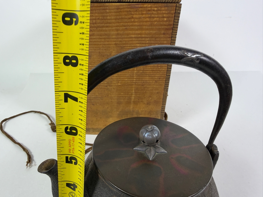 Just Added - Stunning Antique Japanese Handmade Cast Iron Kettle Tetsubin with it's Original Wooden Storage Box Kiribako Signed Box and Signed Kettle with Sterling Silver Accents 6.5W X 8H - See Photos [Photo 34]