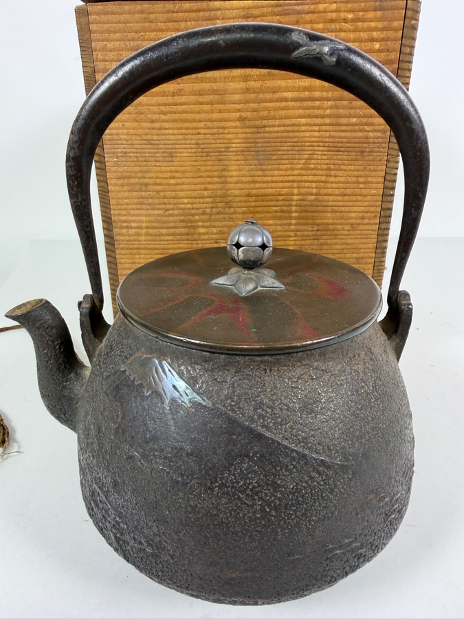 Just Added - Stunning Antique Japanese Handmade Cast Iron Kettle Tetsubin with it's Original Wooden Storage Box Kiribako Signed Box and Signed Kettle with Sterling Silver Accents 6.5W X 8H - See Photos [Photo 4]