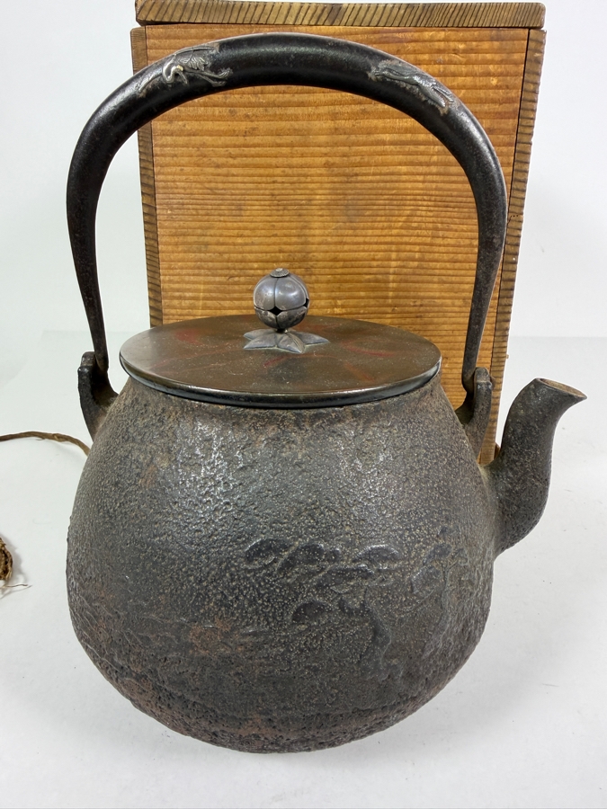 Just Added - Stunning Antique Japanese Handmade Cast Iron Kettle Tetsubin with it's Original Wooden Storage Box Kiribako Signed Box and Signed Kettle with Sterling Silver Accents 6.5W X 8H - See Photos [Photo 10]