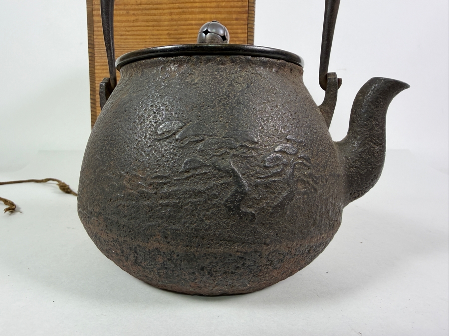 Just Added - Stunning Antique Japanese Handmade Cast Iron Kettle Tetsubin with it's Original Wooden Storage Box Kiribako Signed Box and Signed Kettle with Sterling Silver Accents 6.5W X 8H - See Photos [Photo 31]