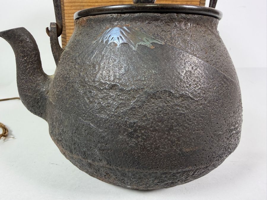 Just Added - Stunning Antique Japanese Handmade Cast Iron Kettle Tetsubin with it's Original Wooden Storage Box Kiribako Signed Box and Signed Kettle with Sterling Silver Accents 6.5W X 8H - See Photos [Photo 7]