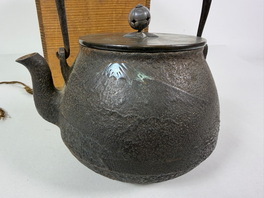 Just Added - Stunning Antique Japanese Handmade Cast Iron Kettle Tetsubin with it's Original Wooden Storage Box Kiribako Signed Box and Signed Kettle with Sterling Silver Accents 6.5W X 8H - See Photos [Photo 33]