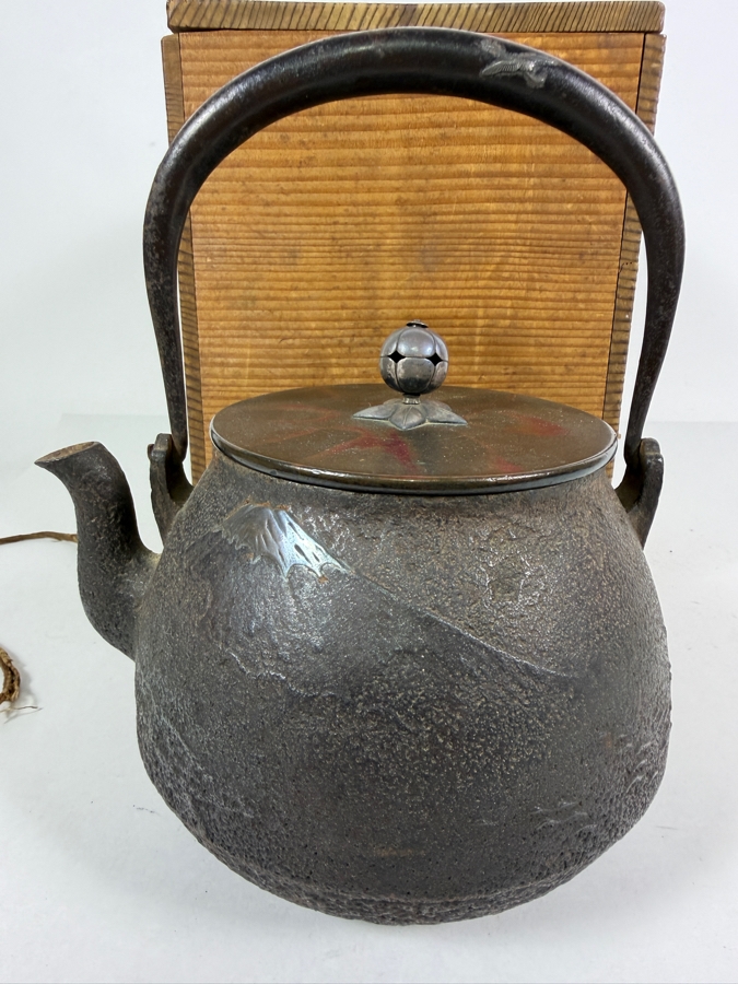 Just Added - Stunning Antique Japanese Handmade Cast Iron Kettle Tetsubin with it's Original Wooden Storage Box Kiribako Signed Box and Signed Kettle with Sterling Silver Accents 6.5W X 8H - See Photos [Photo 3]