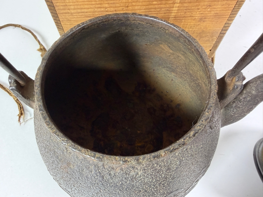 Just Added - Stunning Antique Japanese Handmade Cast Iron Kettle Tetsubin with it's Original Wooden Storage Box Kiribako Signed Box and Signed Kettle with Sterling Silver Accents 6.5W X 8H - See Photos [Photo 19]