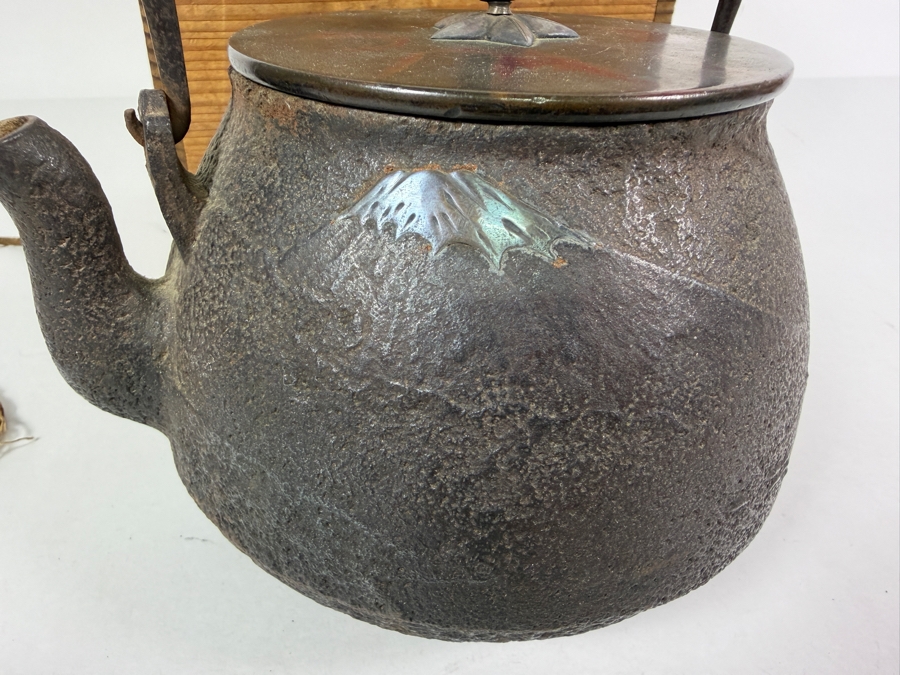 Just Added - Stunning Antique Japanese Handmade Cast Iron Kettle Tetsubin with it's Original Wooden Storage Box Kiribako Signed Box and Signed Kettle with Sterling Silver Accents 6.5W X 8H - See Photos [Photo 8]