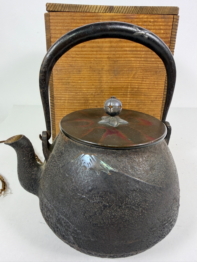 Just Added - Stunning Antique Japanese Handmade Cast Iron Kettle Tetsubin with it's Original Wooden Storage Box Kiribako Signed Box and Signed Kettle with Sterling Silver Accents 6.5W X 8H - See Photos [Photo 5]