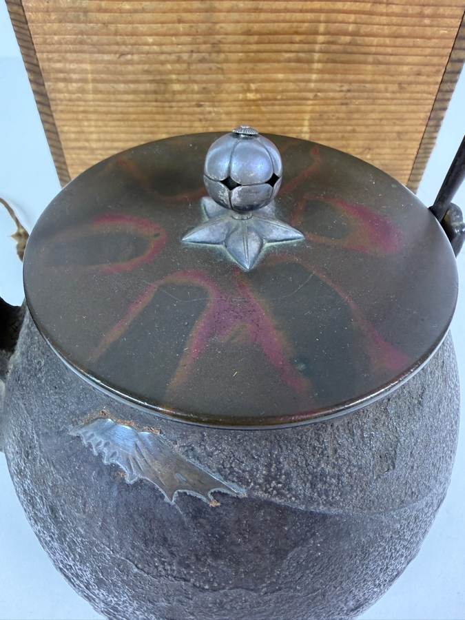 Just Added - Stunning Antique Japanese Handmade Cast Iron Kettle Tetsubin with it's Original Wooden Storage Box Kiribako Signed Box and Signed Kettle with Sterling Silver Accents 6.5W X 8H - See Photos [Photo 6]