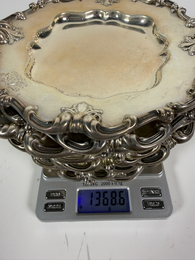 (12) Vintage Whiting Sterling Silver 6' Plates Featuring an Ornate Scrolled Rim and Shell Motifs 1,368.6g (Silver Melt Value $2,646) [Photo 9]