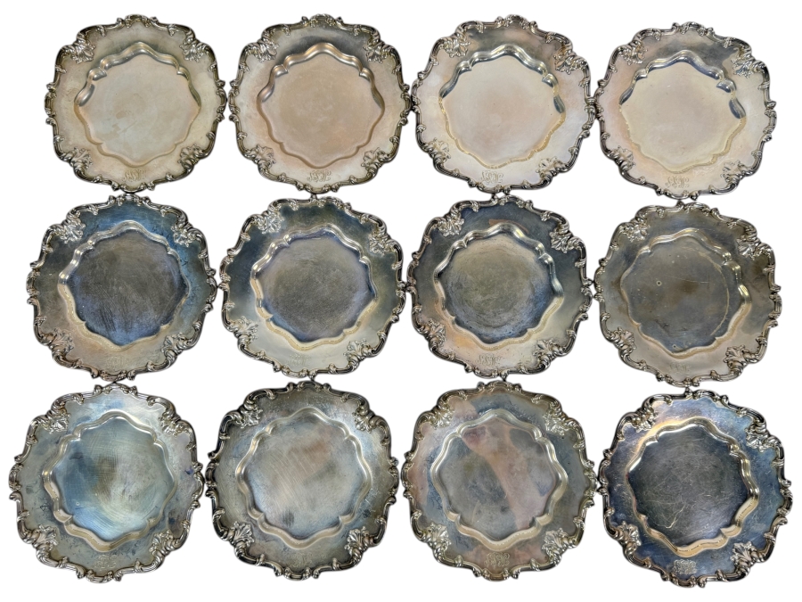 (12) Vintage Whiting Sterling Silver 6' Plates Featuring an Ornate Scrolled Rim and Shell Motifs 1,368.6g (Silver Melt Value $2,646)