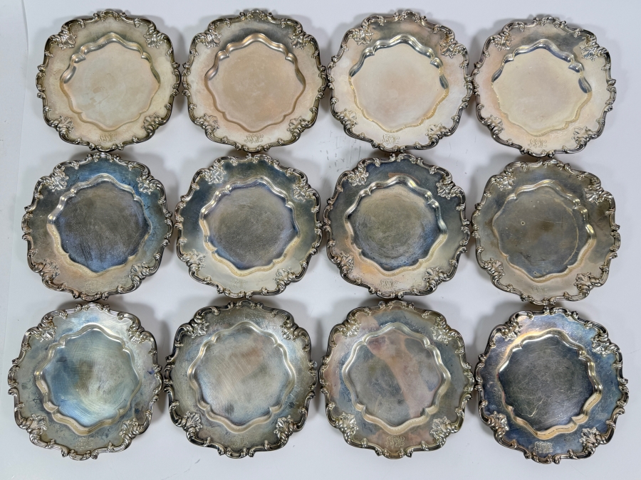 (12) Vintage Whiting Sterling Silver 6' Plates Featuring an Ornate Scrolled Rim and Shell Motifs 1,368.6g (Silver Melt Value $2,646) [Photo 2]