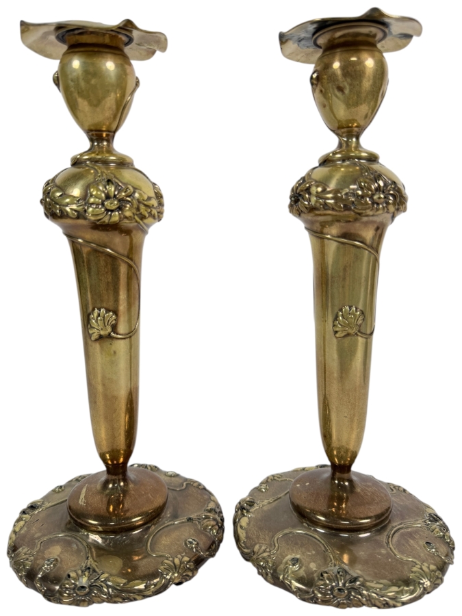 Stunning Pair of Sterling Silver Art Nouveau Alvin Candlesticks 11'H 843.3g (Silver Melt Value $1,630)