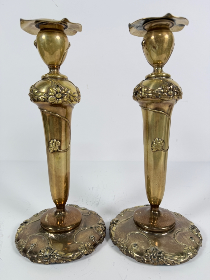 Stunning Pair of Sterling Silver Art Nouveau Alvin Candlesticks 11'H 843.3g (Silver Melt Value $1,630) [Photo 2]