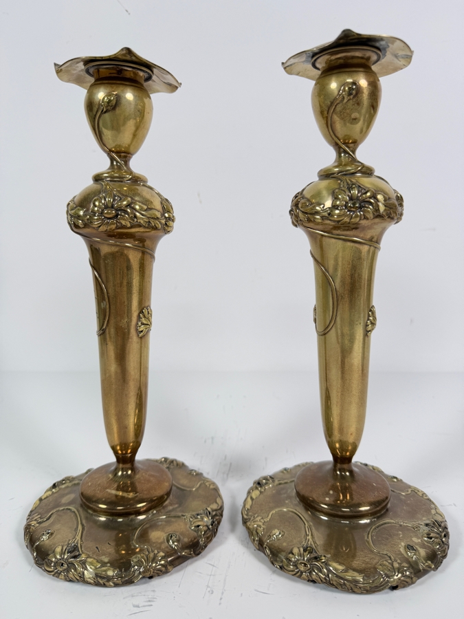 Stunning Pair of Sterling Silver Art Nouveau Alvin Candlesticks 11'H 843.3g (Silver Melt Value $1,630) [Photo 3]