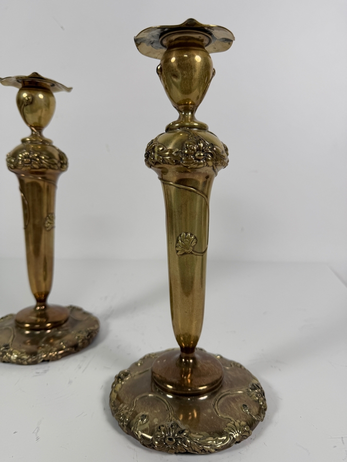 Stunning Pair of Sterling Silver Art Nouveau Alvin Candlesticks 11'H 843.3g (Silver Melt Value $1,630) [Photo 8]
