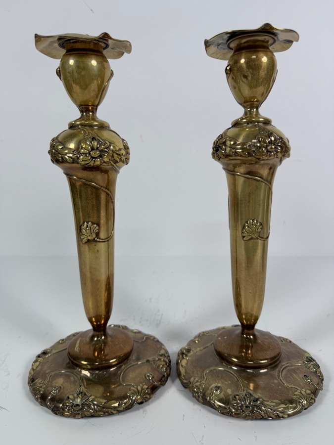 Stunning Pair of Sterling Silver Art Nouveau Alvin Candlesticks 11'H 843.3g (Silver Melt Value $1,630) [Photo 9]