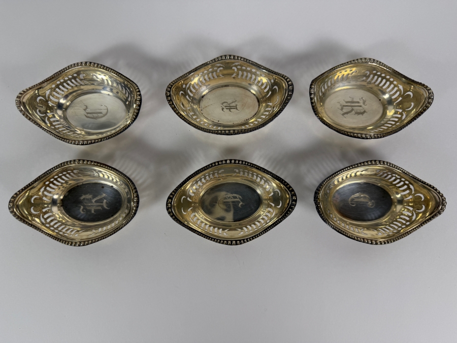 (6) Antique Sterling Silver Adolph Newsalt (A. Newsalt) English Hallmarked Pierced Nut Dishes 3.25W X 2.25D X 1.25H 121.3g (Silver Melt Value $235) [Photo 2]