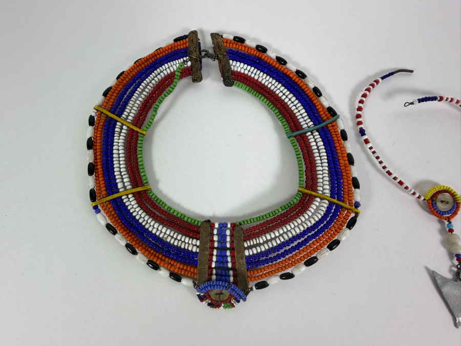 (2) Traditional Maasai Handcrafted Multicolored Beaded Collar Necklaces And (1) Bracelet Jewelry [Photo 5]