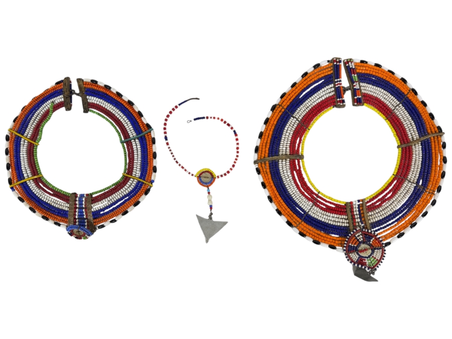 (2) Traditional Maasai Handcrafted Multicolored Beaded Collar Necklaces And (1) Bracelet Jewelry