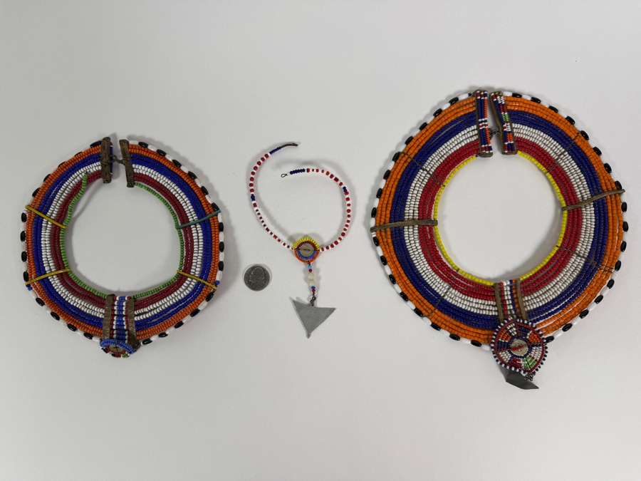 (2) Traditional Maasai Handcrafted Multicolored Beaded Collar Necklaces And (1) Bracelet Jewelry [Photo 8]
