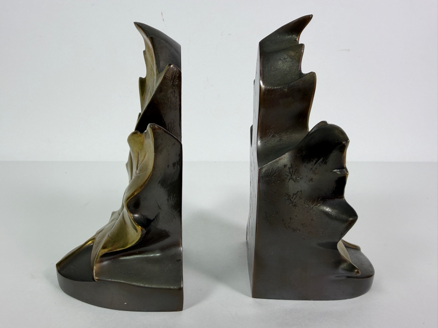 Pair Of Vintage PM Craftsman Brass Plated Maple Leaf Bookends Model 99B Made In USA 6.5'H [Photo 3]