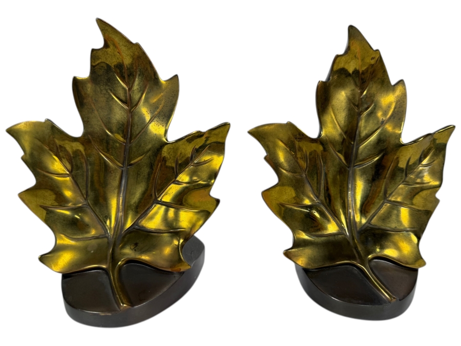 Pair Of Vintage PM Craftsman Brass Plated Maple Leaf Bookends Model 99B Made In USA 6.5'H
