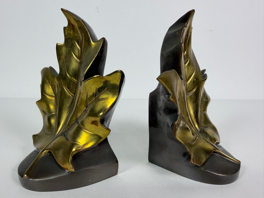 Pair Of Vintage PM Craftsman Brass Plated Maple Leaf Bookends Model 99B Made In USA 6.5'H [Photo 2]