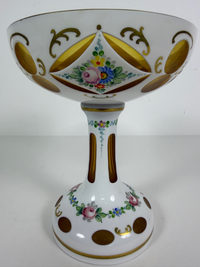 Antique Bohemian Amber Cut To Opaline Glass Footed Compote Bowl With Hand Painted Enamel Flowers 7'W X 8'H [Photo 2]