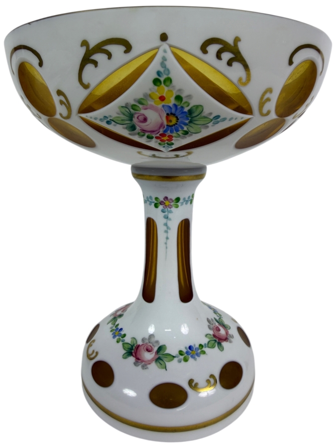 Antique Bohemian Amber Cut To Opaline Glass Footed Compote Bowl With Hand Painted Enamel Flowers 7'W X 8'H