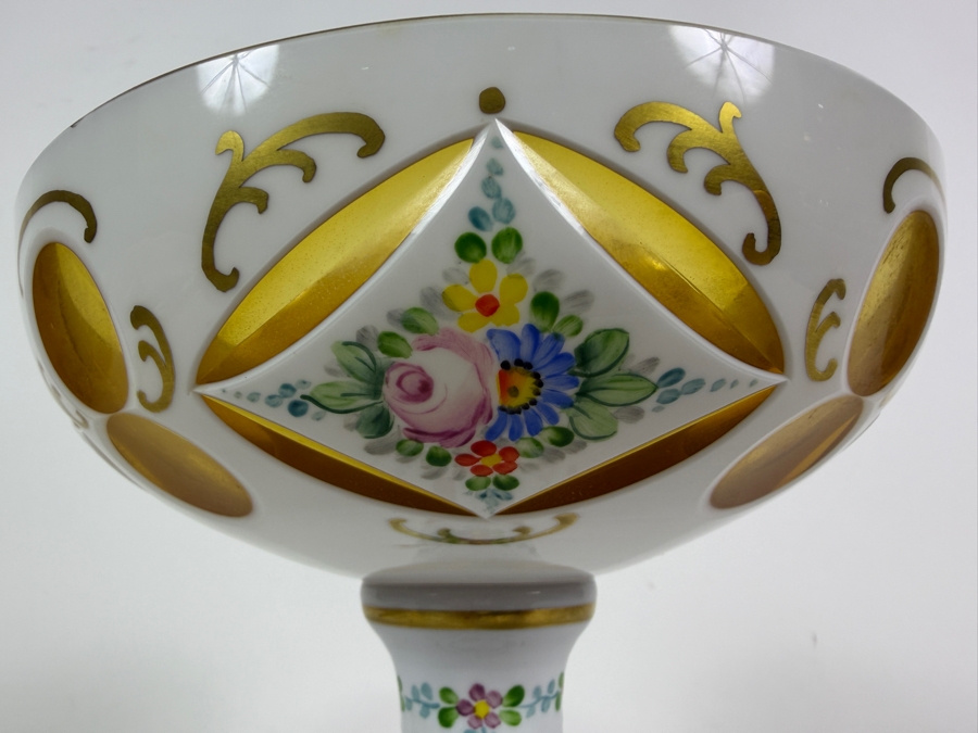 Antique Bohemian Amber Cut To Opaline Glass Footed Compote Bowl With Hand Painted Enamel Flowers 7'W X 8'H [Photo 4]