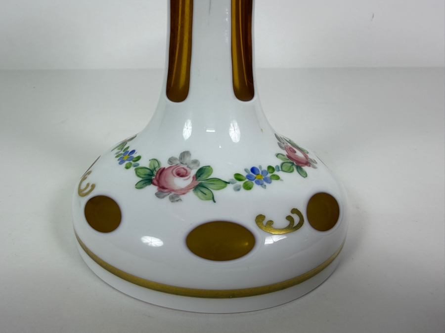 Antique Bohemian Amber Cut To Opaline Glass Footed Compote Bowl With Hand Painted Enamel Flowers 7'W X 8'H [Photo 5]
