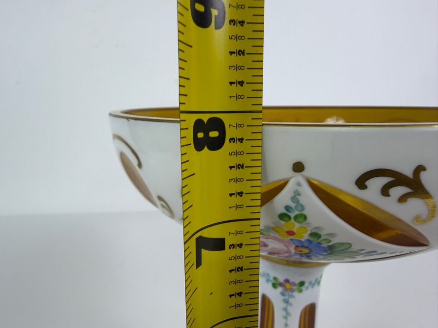 Antique Bohemian Amber Cut To Opaline Glass Footed Compote Bowl With Hand Painted Enamel Flowers 7'W X 8'H [Photo 7]