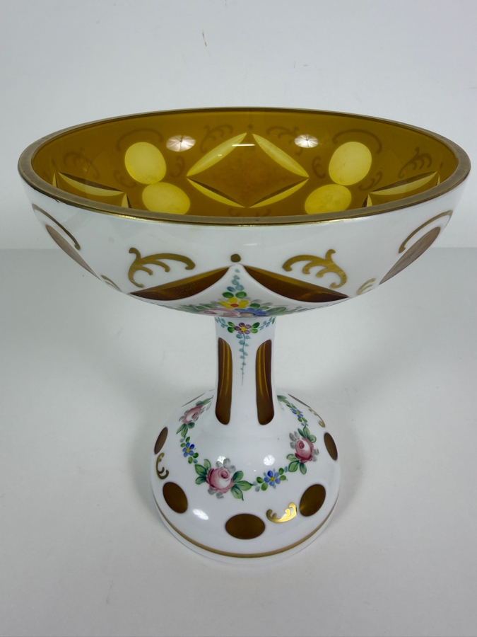 Antique Bohemian Amber Cut To Opaline Glass Footed Compote Bowl With Hand Painted Enamel Flowers 7'W X 8'H [Photo 3]